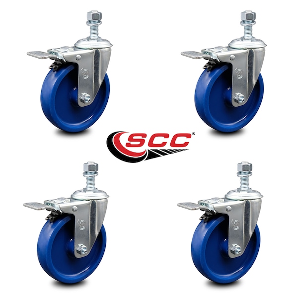 5 Inch Solid Polyurethane Swivel 10mm Stem Caster Set with Total Lock Brake